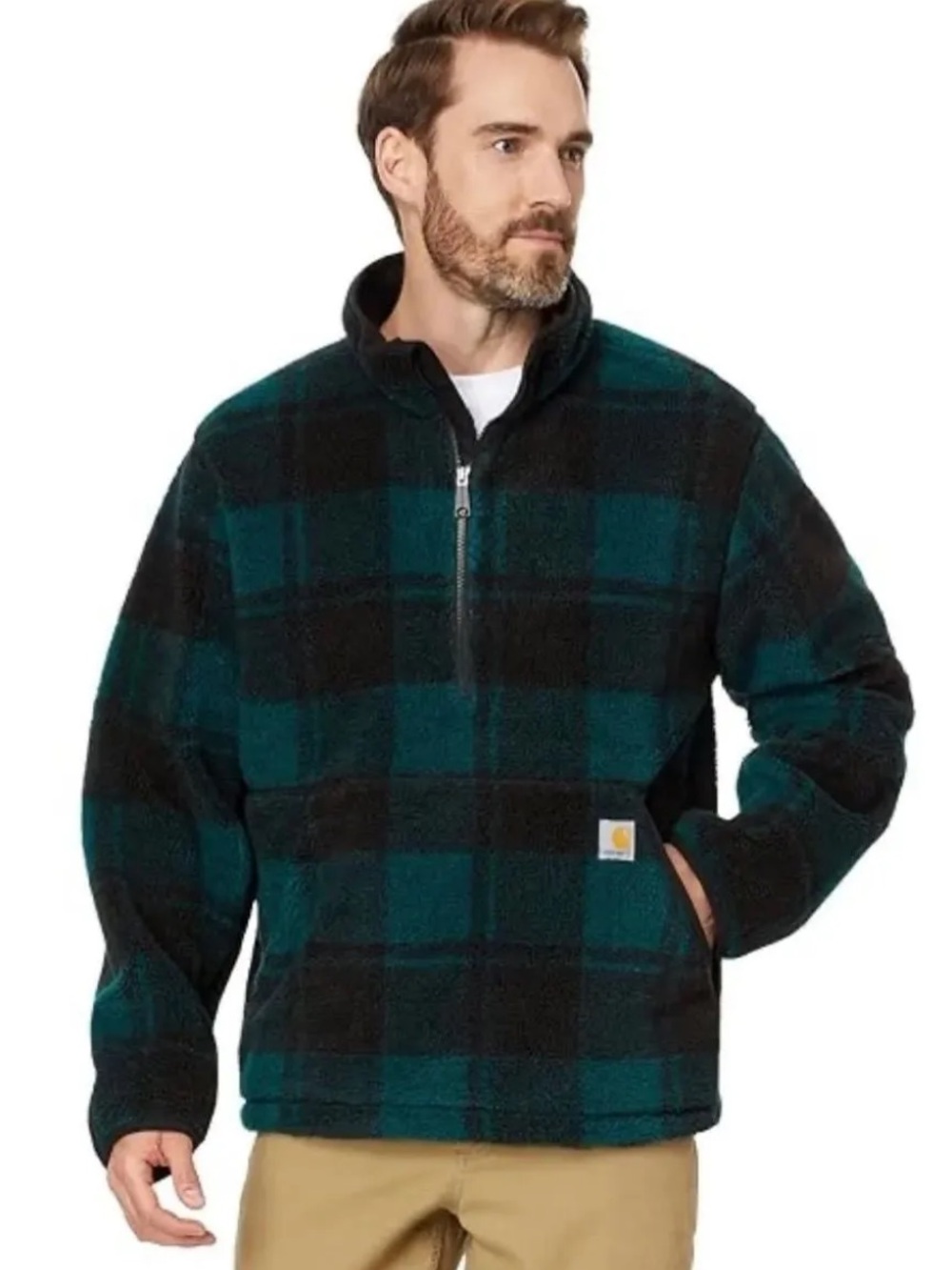 Carhartt Teal & Black Plaid Sherpa Half-Zip Pullover Jacket